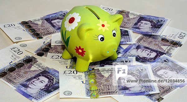 Sparschwein auf zwanzig Pfund britischen Banknoten