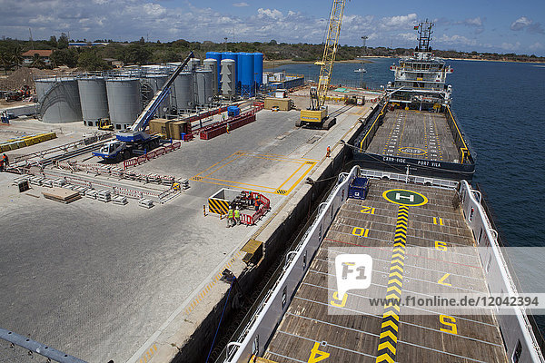 An aerial view of the ships docked at Mtwara port, Tanzania, East Africa, Africa