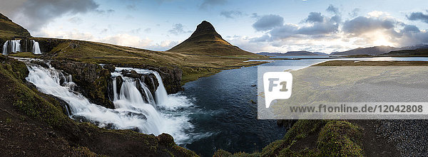 Panoramic view of Kirkjufell (Church Mountain) and mountain stream Grundafjordur Snaefellsnes Peninsula Iceland Polar Regions