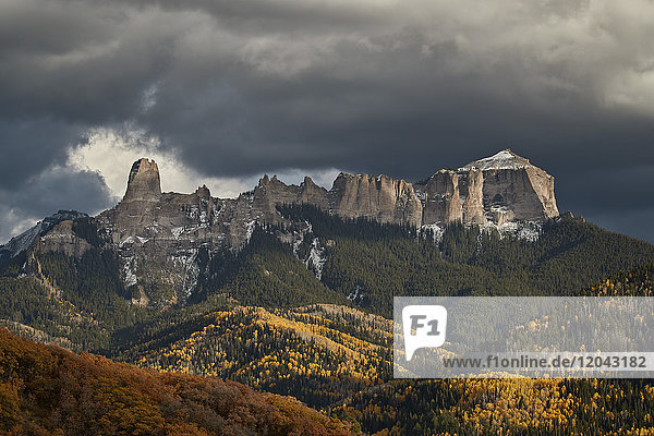 Courthouse Mountain from Owl Creek Pass in the fall  Uncompahgre National Forest  Colorado  United States of America  North America