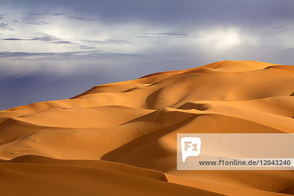 Orangefarbene Sanddünen vor stürmischem Himmel  Erg Chebbi Sandmeer  Teil der Sahara-Wüste bei Merzouga  Marokko  Nordafrika  Afrika