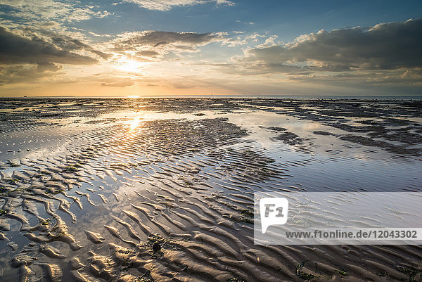 Blick auf Sandstrand und Pools bei Ebbe  bei Sonnenuntergang  Reculver  Kent  England  Vereinigtes Königreich  Europa