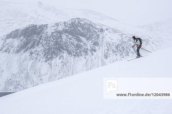 Ski touring at Loch Avon on the River Avon Cairngorms National Park Scotland United Kingdom Europe