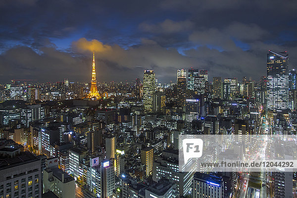 Nachtansicht der Skyline der Stadt und des ikonischen beleuchteten Tokyo Tower  Tokio  Japan  Asien