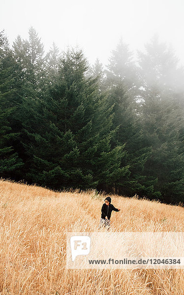 Boy in foggy field landscape Fairfax California USA North America
