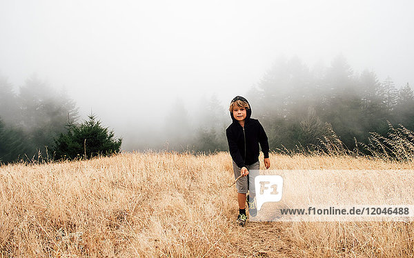 Boy in foggy field landscape Fairfax California USA North America