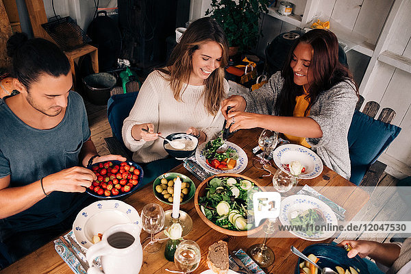 High angle view of women and men having healthy salad in cottage