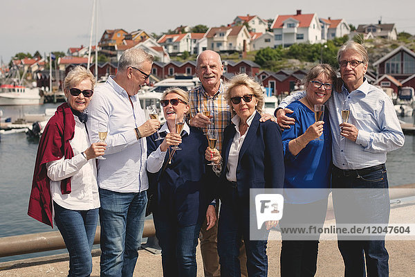 Fröhliche Seniorinnen und Senioren genießen Champagner am Pier im Urlaub