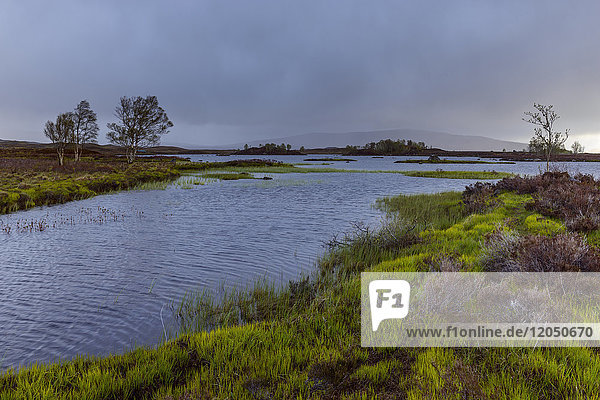 River in moor landscape with stormy sky at Rannoch Moor in Scotland United Kingdom