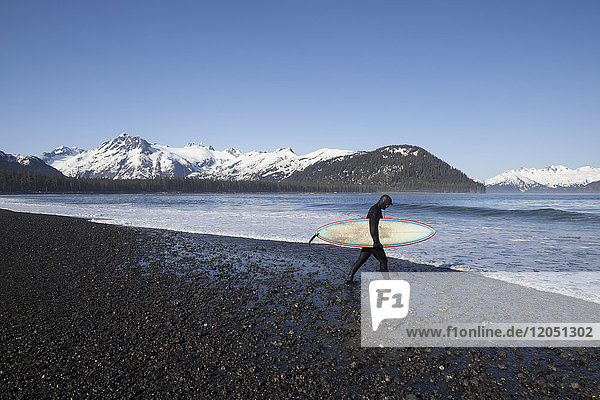 Surfer On The Beach With His Surfboard  Kenai Peninsula Outer Coast  Southcentral Alaska  USA