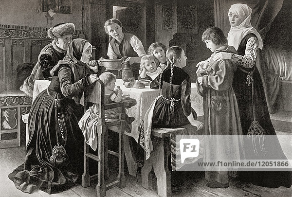 Martin Luther seen here as a boy c. 1498 at the house of Ursula Cotta who adopted him after hearing him sing outside her house. Martin Luther 1483 – 1546. German professor of theology composer priest monk and a seminal figure in the Protestant Reformation. From Hutchinson's History of the Nations published 1915.