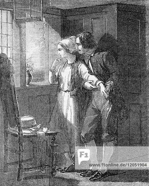 The Illustrated London News Radierung von 1854.rvangeline gemalt von John Absolon von der Ausstellung der neuen Gesellschaft der Maler in Aquarell.lady mit aufmerksamen Mann Blick durch Fenster