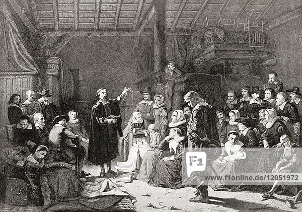The first meeting of the Pilgrim Fathers  17th century. From Hutchinson's History of the Nations  published 1915.