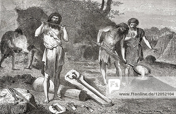 Männer beim Metallguss in der Bronzezeit. Aus L'Homme Primitif  veröffentlicht 1870.