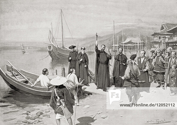The landing of St. Francis at Kagoshima Satsuma Province on the island of Ky?sh? in 1549. Saint Francis Xavier S.J. 1506–1552. Navarrese-Basque Roman Catholic missionary. From Hutchinson's History of the Nations published 1915