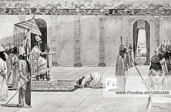 Nabonidus king of Babylonia sending instructions to Belshazzar. On the advance of the Persians in 539 BC he placed his son Belshazzar in command of the army and contented himself with sending messages to the front. Nabonidus last king of the Neo-Babylonian Empire reigning from 556–539 BC. From Hutchinson's History of the Nations published 1915.