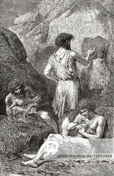 Neandertaler  die in prähistorischer Zeit Skulpturen und Zeichnungen an den Wänden ihrer Höhlen anbringen. Aus L'Homme Primitif  veröffentlicht 1870.