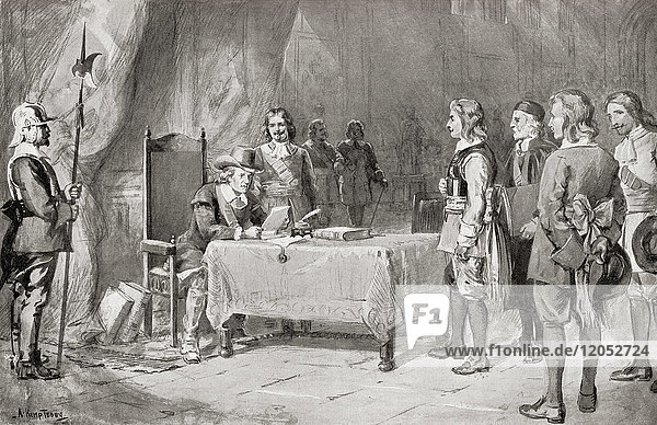 Swiss envoys appealing to Oliver Cromwell for help for the Waldenses aka Waldensians after the massacre known as the Piedmont Easter by the Duke of Savoy in 1654. The Waldensians were a Christian movement founded by Peter Waldo in the 12th century the Duke of Savoy wished to convert them to Catholicism. From Hutchinson's History of the Nations published 1915.