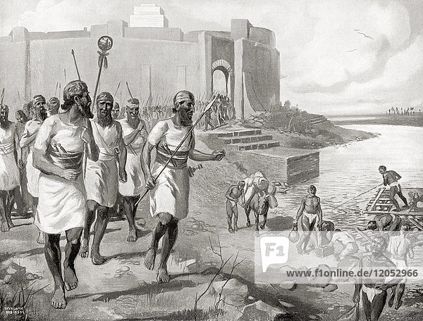 The Assyrian army leaving the city of Assur to oppose the western Semites c. 2050 BC. Stores for the use of the army were loaded onto rafts supported by inflated skins which the swift current of the river would carry downstream. From Hutchinson's History of the Nations published 1915.