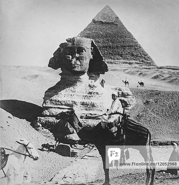Magic lantern slide circa 1900.Victorian The great Sphinx of Giza.The Terrifying One; literally: Father of Dread)  commonly referred to as the Sphinx of Giza or just the Sphinx  is a limestone statue of a reclining sphinx  a mythical creature with the body of a lion and the head of a human. Facing directly from West to East  it stands on the Giza Plateau on the west bank of the Nile in Giza  Egypt. The face of the Sphinx is generally believed to represent the Pharaoh Khafre.