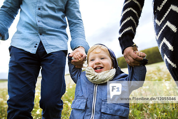 Cute little boy with parents in dandelion field