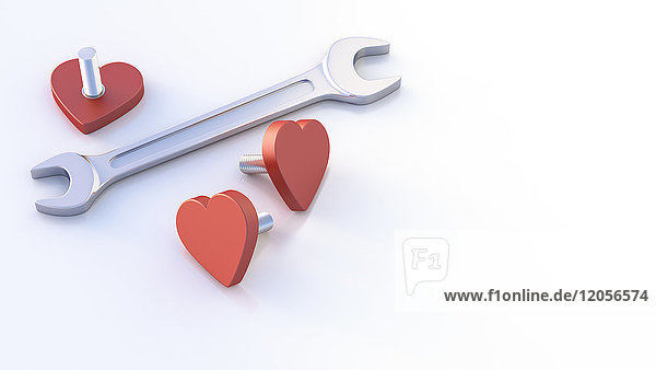 Schraubenschlüssel und Herzschrauben  3d-Rendering