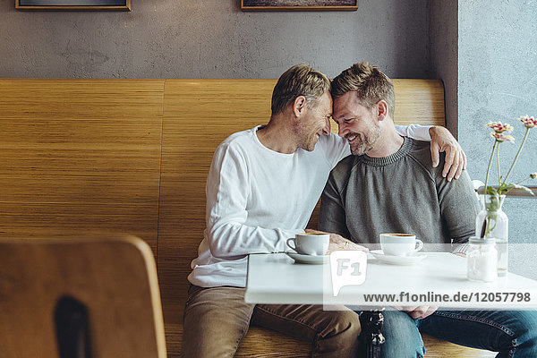Affectionate gay couple in cafe
