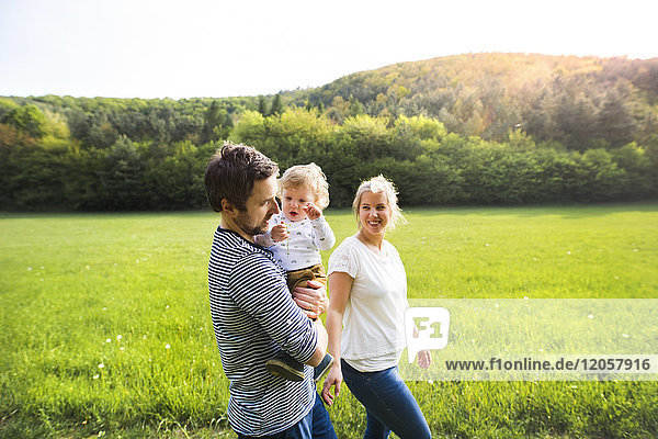 Parents walking with little boy on meadow