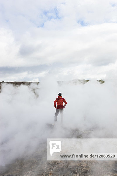 Rückansicht einer Frau  die an geothermischen Becken steht  umgeben von Dampf.