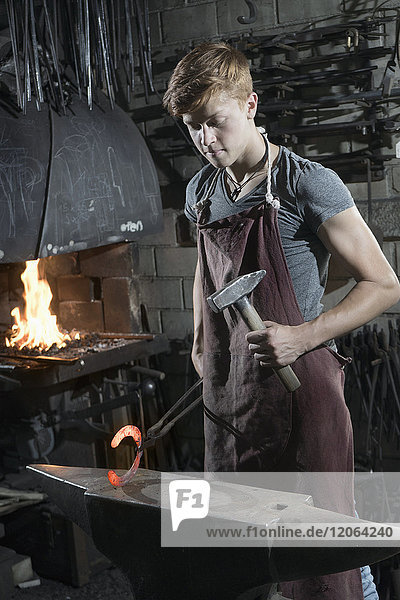 Apprentice blacksmith hammering red hot horseshoe on anvil at workshop