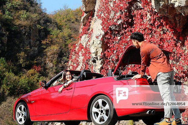 Young men and women travel by car