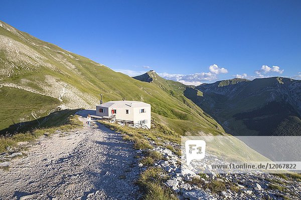 Fargno refuge in the background 'pizzo tre Vescovi' mountain Sibillini mountains National Park province of Macerata Marches Italy.