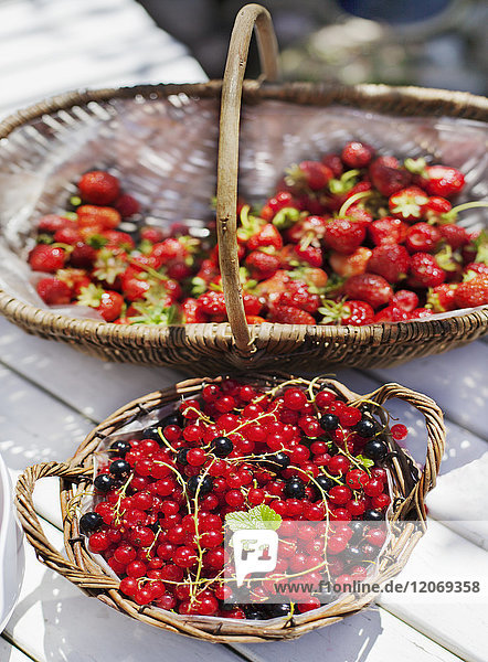 Körbe mit roten Johannisbeeren und Erdbeeren