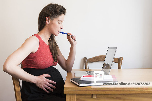 Schwangere Frau an ihrem Laptop.