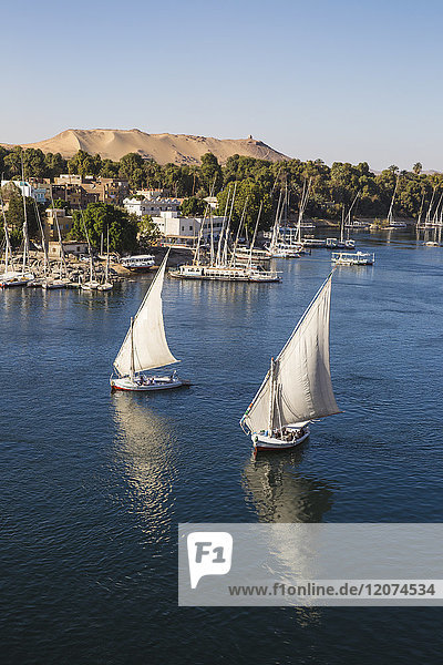 Blick auf den Nil und das nubische Dorf auf der Insel Elephantine  Assuan  Oberägypten  Ägypten  Nordafrika  Afrika