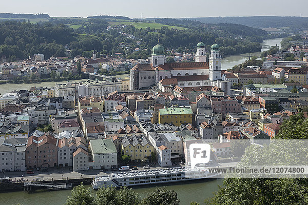 Aerial view of Passau,  with River Danube in foreground and River Inn in the distance,  Lower Bavaria,  Germany,  Europe