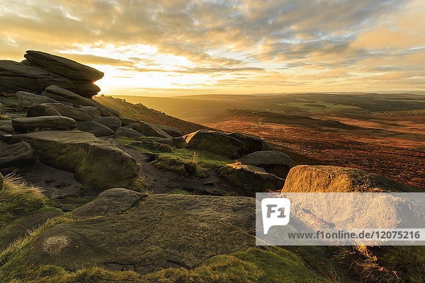 Carl Wark Hill Fort and Hathersage Moor from Higger Tor sunrise in autumn Peak District National Park Derbyshire England United Kingdom Europe