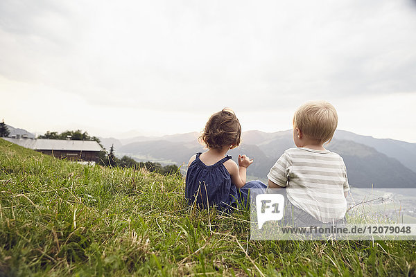Austria  Tyrol  back view of little girl and boy sitting on Alpine meadow looking at view