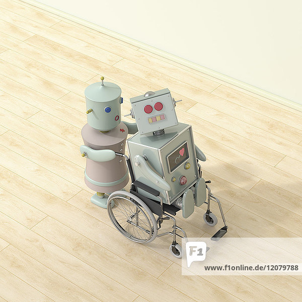 Weiblicher Roboter schiebt männlichen Roboter im Rollstuhl,  3D-Rendering