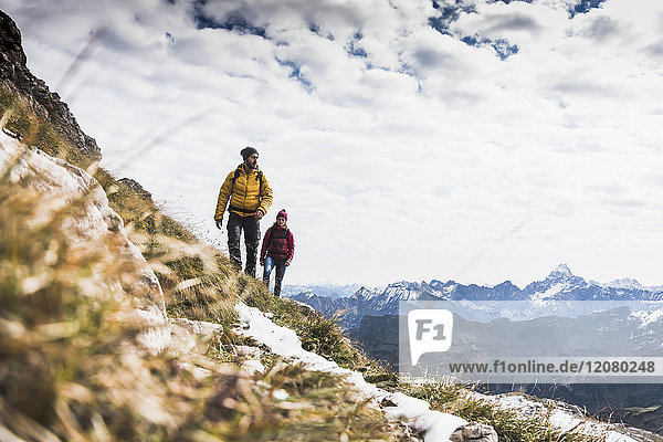 Germany  Bavaria  Oberstdorf  two hikers walking in alpine scenery