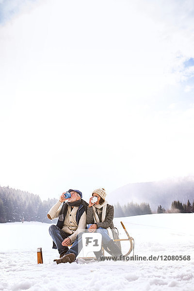 Back view of senior couple sitting side by side on sledge in snow-covered landscape drinking hot beverages