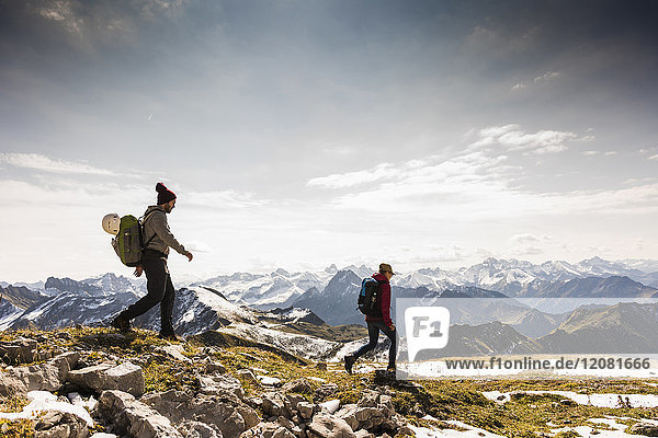 Germany  Bavaria  Oberstdorf  two hikers walking in alpine scenery