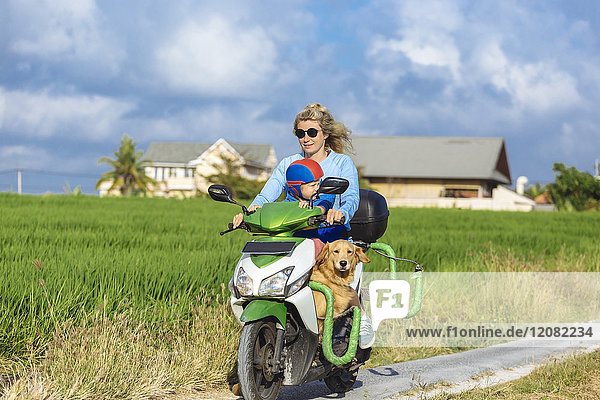 Frau mit Kind und Hund fährt Motorroller auf der Landstraße