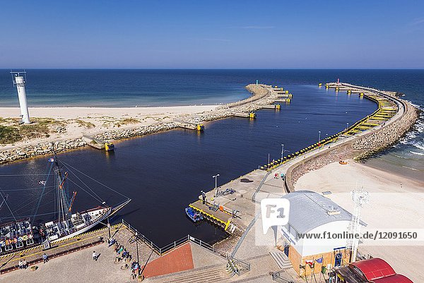 Mouth of Parseta River to the Baltic Sea - view from lighthouse in Kolobrzeg city in West Pomeranian Voivodeship of Poland.