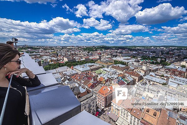 Aerial view from the tower of Town Hall on the Old Town of Lviv city  largest city in western Ukraine.