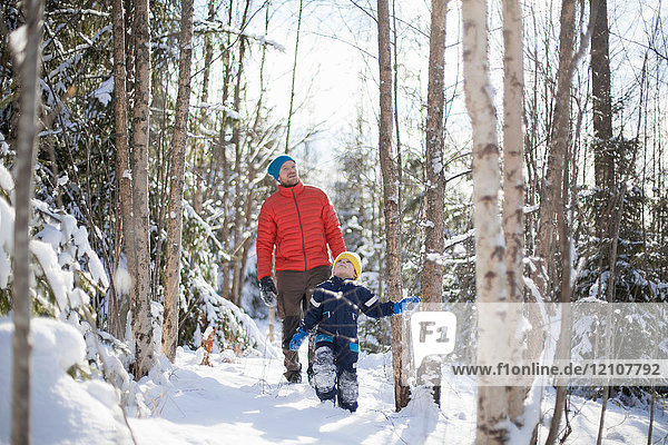 Man and son looking up while walking through snow covered forest