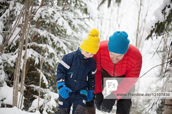 Man and son looking down in snow covered forest