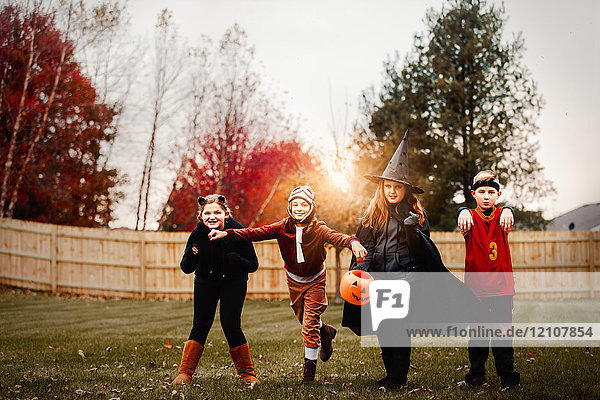 Portrait of boy and girls posed in halloween costumes in garden at sunset