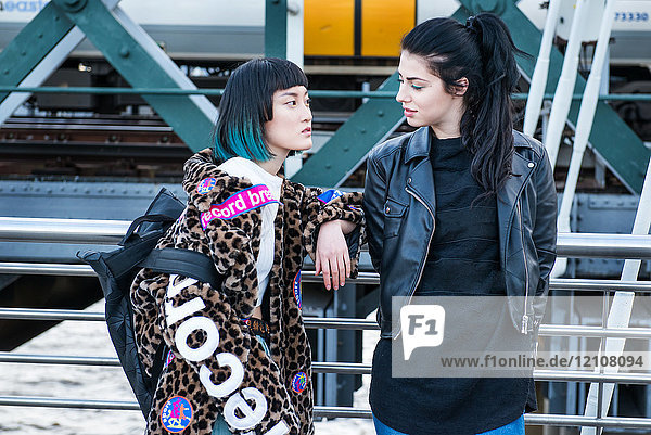 Zwei junge stilvolle Frauen lehnen am Handlauf auf der Millennium-Fußgängerbrücke  London  Großbritannien