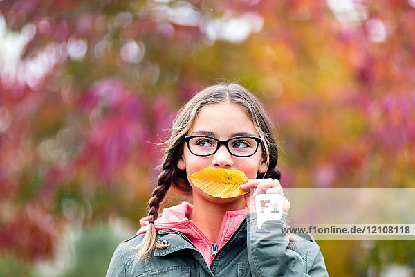 Porträt eines Mädchens mit Zöpfen und Brille  das den Mund mit einem Blatt bedeckt und weg schaut